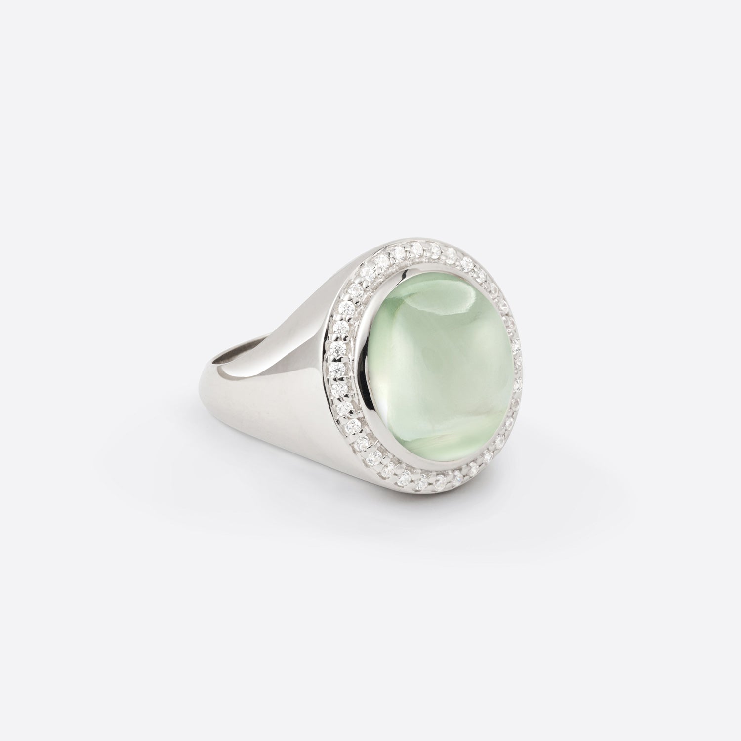 Bague chevalière pour femme en argent rhodié avec diamants et pierre fine prasiolite sous forme ovale