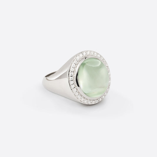 Bague chevalière pour femme en argent rhodié avec diamants et pierre fine prasiolite sous forme ovale