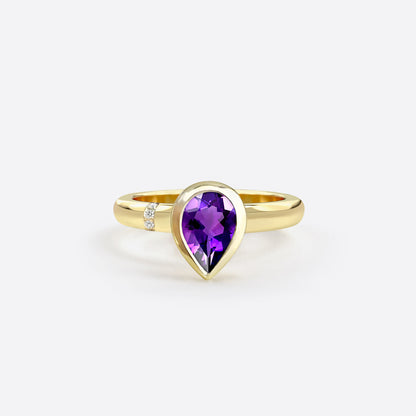 bague en forme de poire en argent plaque or jaune sertie d une pierre amethyste violette et diamants