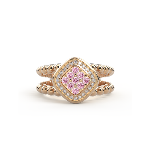 Bague double anneau en argent plaqué or rose 18k sertie d un damier de neuf saphir rose precieux et encercle de diamants