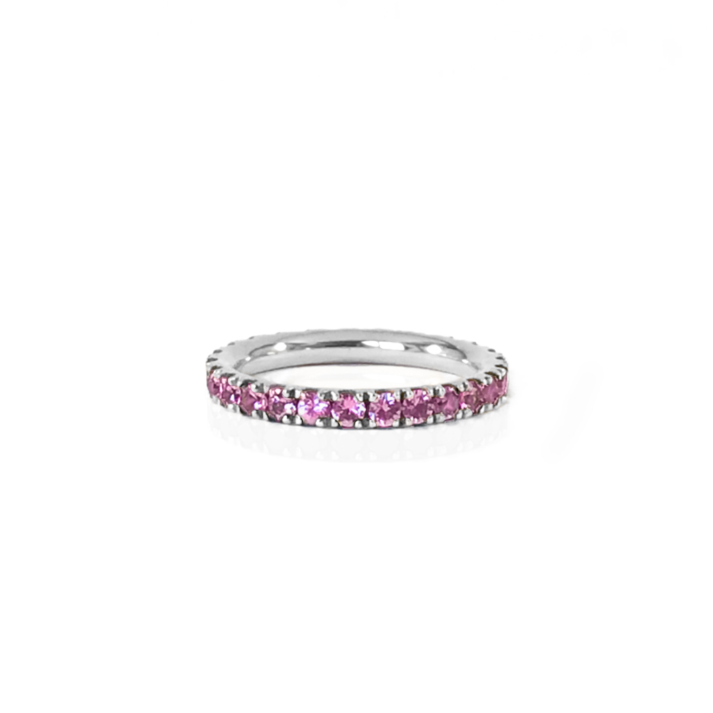 Bague argent rhodié et pavage tour complet en saphir rose