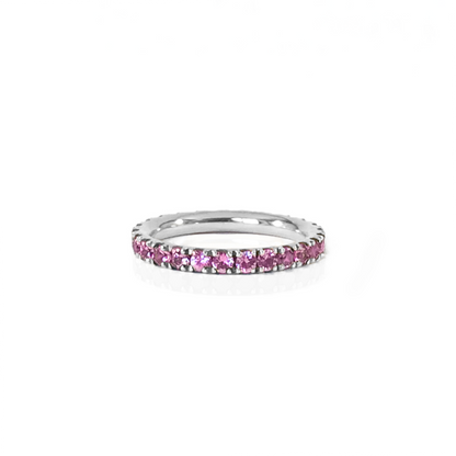 Bague argent rhodié et pavage tour complet en saphir rose